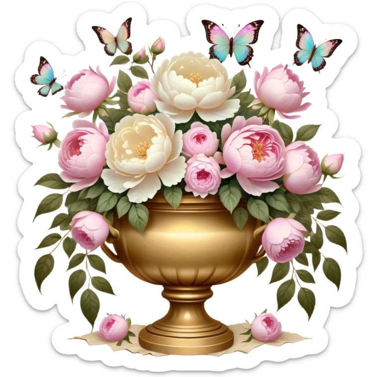 An antique-inspired floral arrangement in an opulent golden urn, overflowing with soft pink roses and voluminous white peonies, with iridescent pearl butterflies delicately fluttering around the petals, set against an aged parchment background. sticker