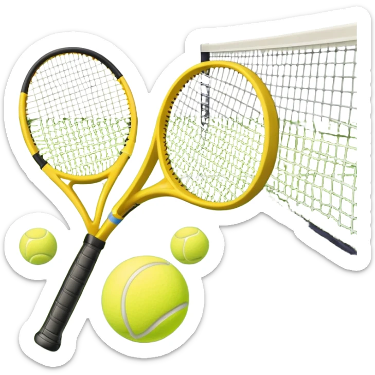 A tennis racket and a ball placed on a grassy court, with the net visible in the background. The scene captures the elegance and energy of the sport, with a vibrant green court and soft sunlight highlighting the equipment. sticker