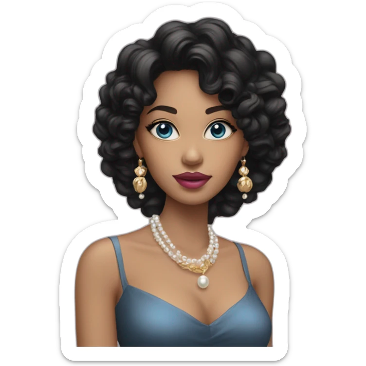 A woman with blue eyes, pink lips, long black hair with curls a the end and golden earrings with pearls sticker