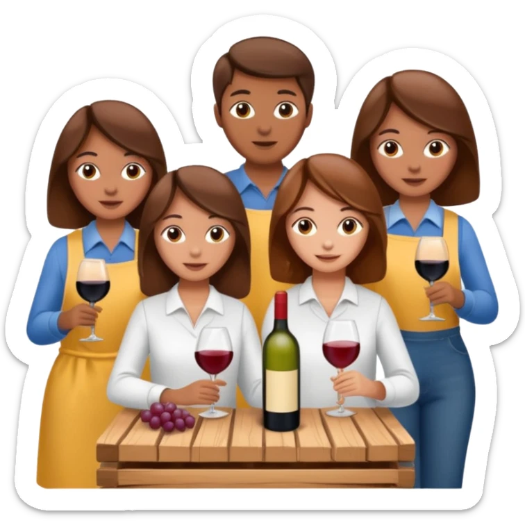Make a photo of 5 project managers!, specifically 3 girls! with brown hair and 2 boys!, that are making project for improvement of the winery! sticker