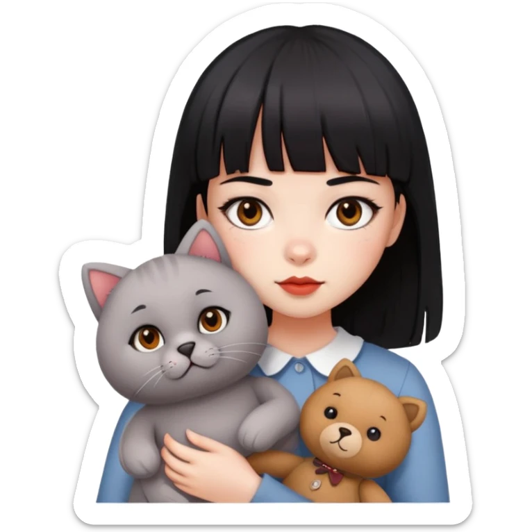  A girl with black eyes, red cheeks, black hair with straight bangs, and white face is holding a British gray cat and a brown teddy bear  sticker