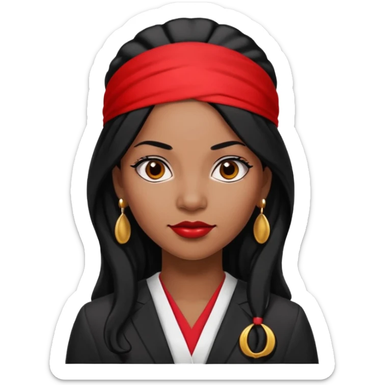 30-year-old Black woman, lawyer, long black hair, red headband, strong and sharp, wearing small round earrings sticker