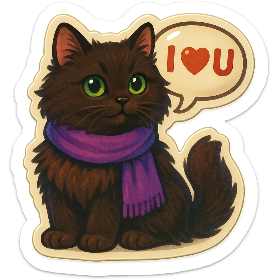 Fluffy dark-brown cat with green eyes and a purple scarf saying ‘I ♡ U’ (with a speech bubble) sticker