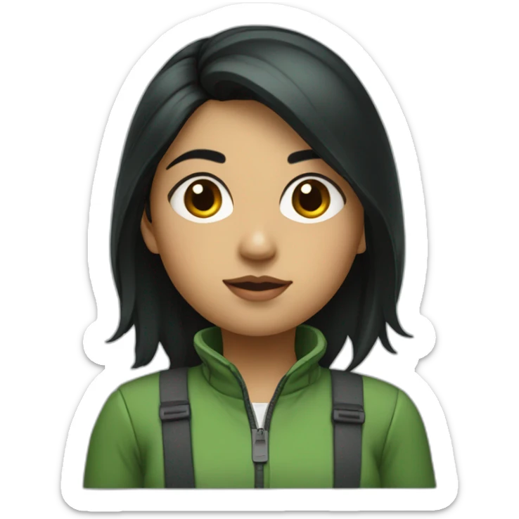 South Asian girl who wears green jacket and has a black hair, with a tiny black mark on her right cheek, closer to nose sticker