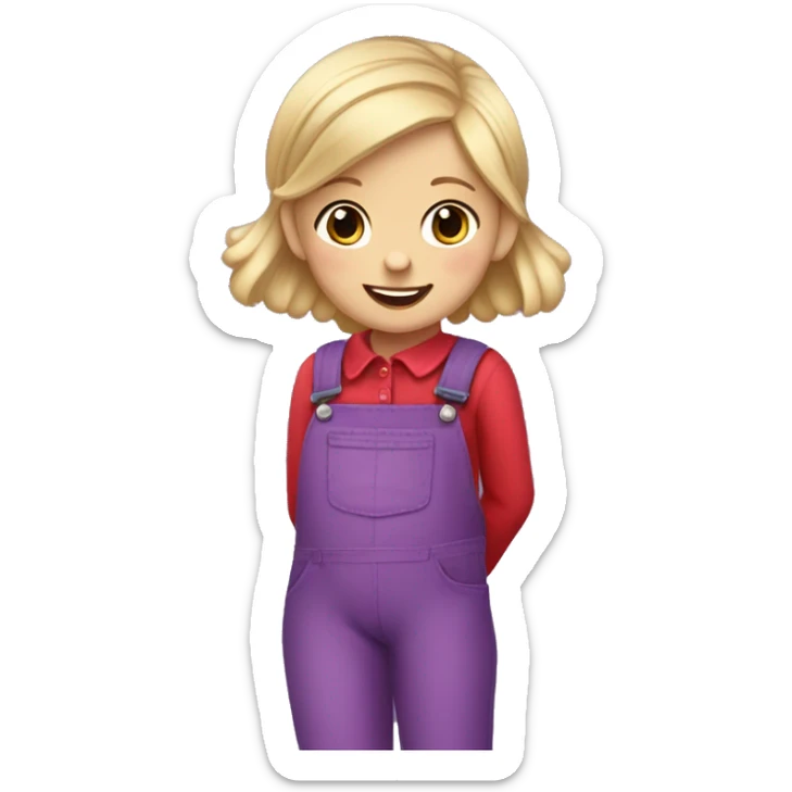 A little blonde girl with pigtails and little purple bows wearing a red long-sleeved shirt and purple overalls with blue tights with green polka dots and purple sneakers. sticker