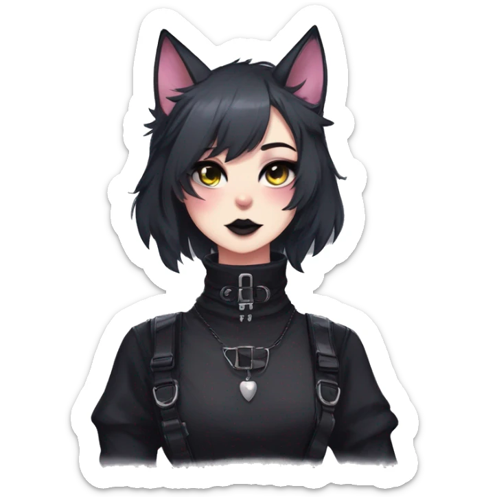 Gorgeous furry gothic dark techwear anime style anthro black cat fursona with blushing face aesthetic and pretty edgy black with collar and harness trending style sticker