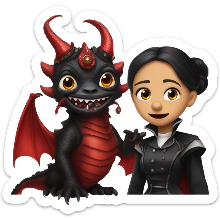 surprised Lavish Victorian evening gown with gloves, Jenna Ortega as Addams girl Jedi wearing a steampunk mini tiara, very large blood red evil-looking horned dragon sticker