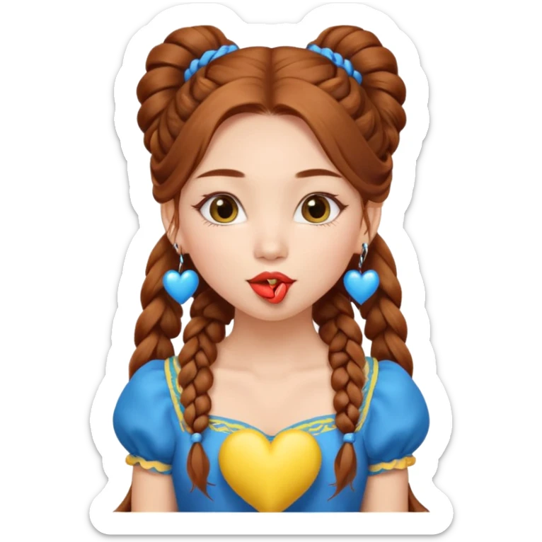 A cute ukrainian girl, looks slightly mongolian with full lips, with long auburn hair two side ponytails plaited, has heart earrings in the ukrainian yellow and blue, and is wearing her little black dress, she is blowing a kiss. sticker