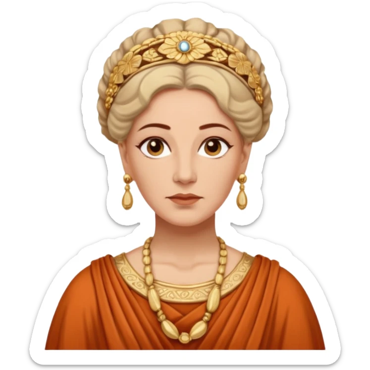 An emoji portrait of a mature Greek noblewoman. She wears a terracotta-colored chiton with intricate embroidery. Her hair is styled in an elegant updo, and she has a calm, wise expression. sticker