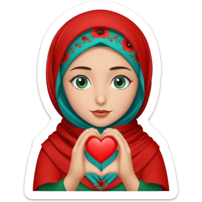 Turkish beautiful finish Konya girl blue eyes with poppy floral hijab and green red dress and she make heart with hands sticker