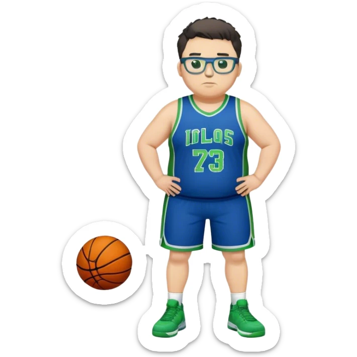 Full Body overweight white male with dark short spike hair basketball player wearing glasses wearing blue green uniform sticker