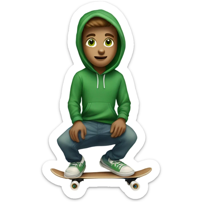 white frat boy with green eyes and brown hear wearing a green hoodie and riding skateboard sticker