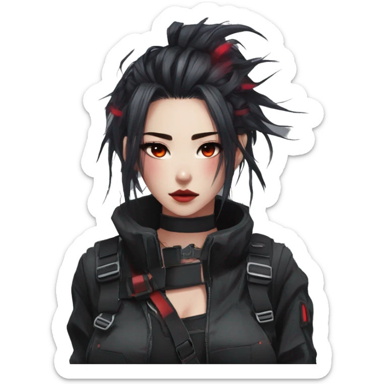 Gorgeous techwear anime style lady with blushing face aesthetic and pretty edgy black red punk messy hair with collar and harness trending style sticker