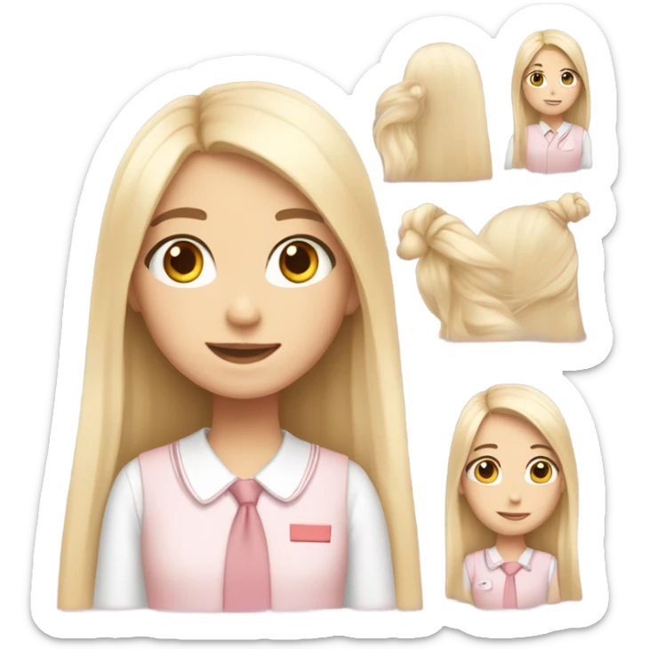 a girl with fair skin, soft pink and white school uniform, long straight hair sticker