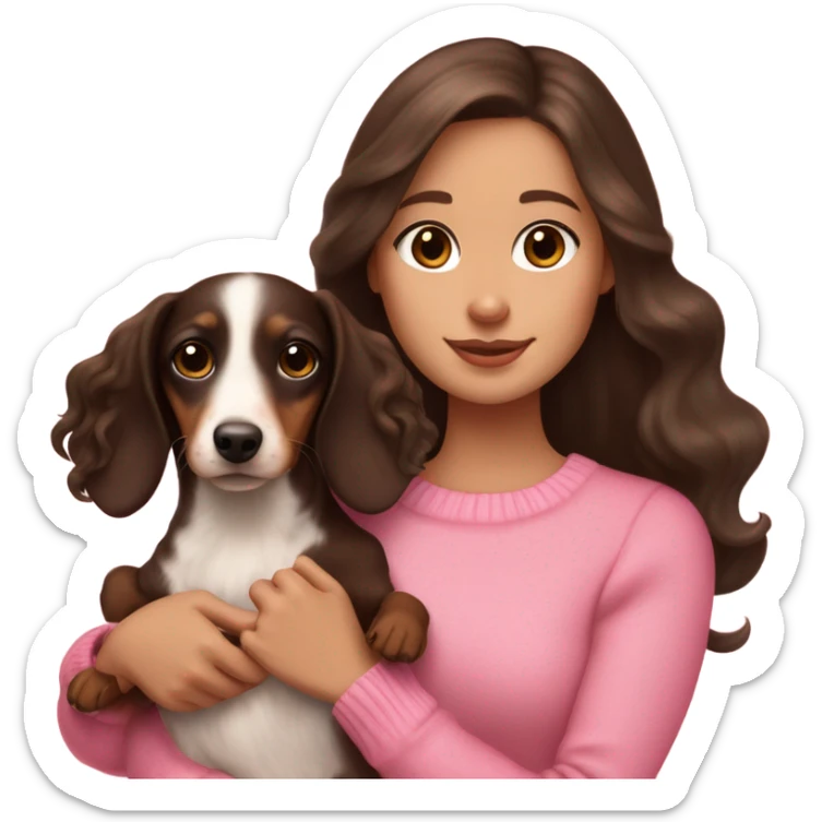  white girl with dark brown long wavy hair in a pink sweater holds a dark brown and cream dachshund long-haired puppy in her arms sticker