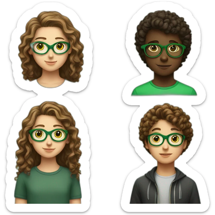 A 12 years Old white girl with curly brown hair brown eyes talking to a brown 12 years old boy with green and Black glasses sticker