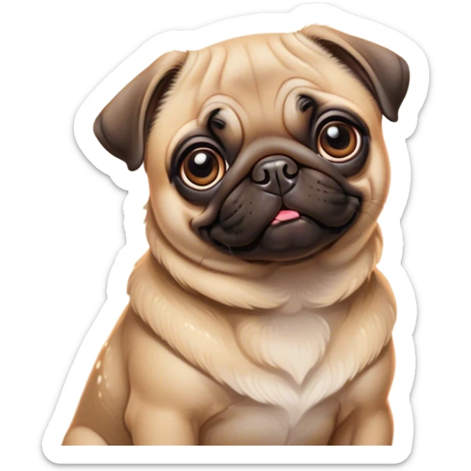 Cinematic Cute Fawn Pug Portrait Emoji, Head tilted playfully and inquisitively, featuring a smooth fawn coat with a subtle sheen, round, sparkling dark eyes filled with curiosity, Simplified yet irresistibly adorable features, highly detailed, glowing with a warm, friendly glow, high shine, affectionate and lively, stylized with a touch of whimsy, bright and endearing, soft glowing outline, capturing the essence of a mischievous yet loving pup, so playful it feels like it could bounce out of the screen and into your arms! sticker
