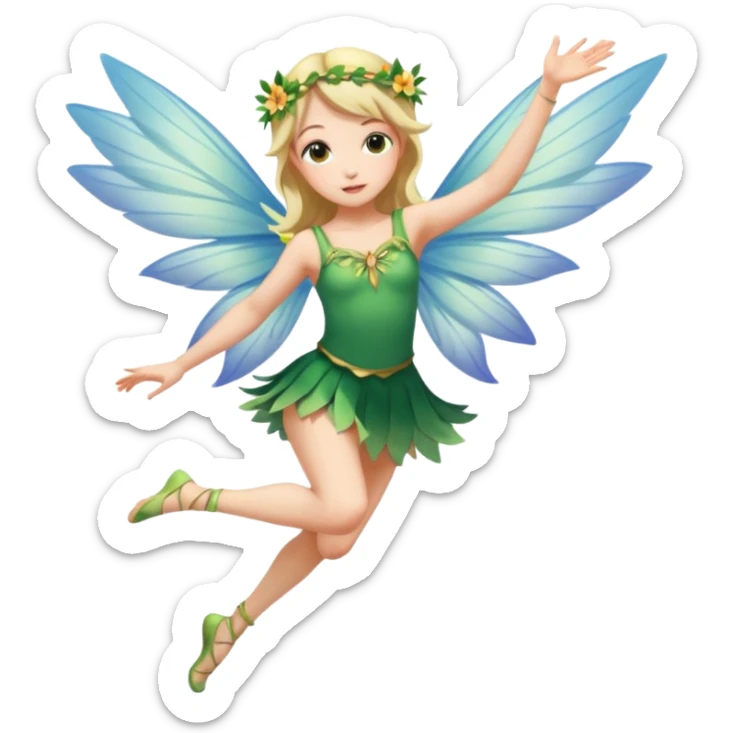 A winged flower fairy girl, wearing a short skirt, one leg straight and the other bent, her body tilted, in a flying pose. sticker