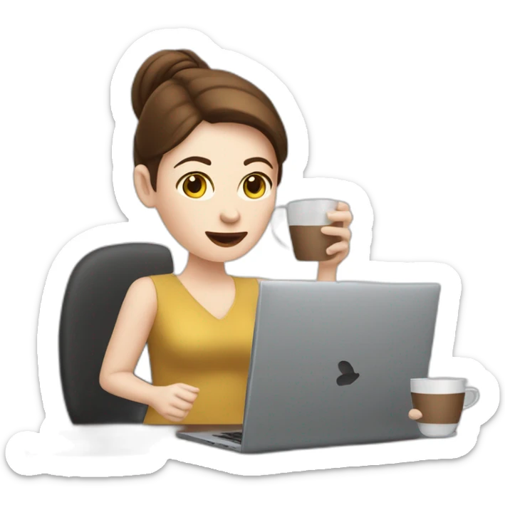 woman with pale skin and brown hair behind a computer juggling with coffee cups sticker