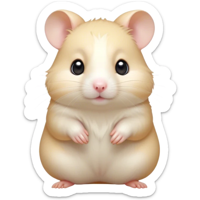 Cinematic Cute Cream Hamster Portrait Emoji, Head tilted playfully and inquisitively, featuring a silky, pristine cream coat with a gentle sheen, round, sparkling dark eyes filled with curiosity, Simplified yet irresistibly adorable features, highly detailed, glowing with a warm, friendly glow, high shine, affectionate and lively, stylized with a touch of whimsy, bright and endearing, soft glowing outline, capturing the essence of a mischievous yet loving hamster, so playful it feels like it could dash out of the screen and into your arms! sticker