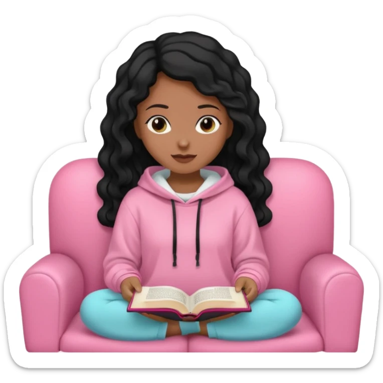 Una chica linda de cabello negro con ondas hasta los hombros de piel blanca con una sudadera rosa en un sofá cómodo y hermoso leyendo la biblia sticker