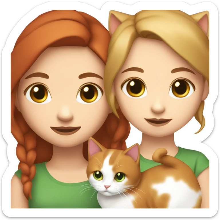 girl with green eyes and light brown hair with red tint holding a calico cat with white face sticker