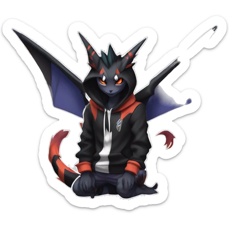 Cool Anthro Black Noivern-Absol-Litten-Pokémon with edgy stripes hoodie spiked collar punk Full Body sticker