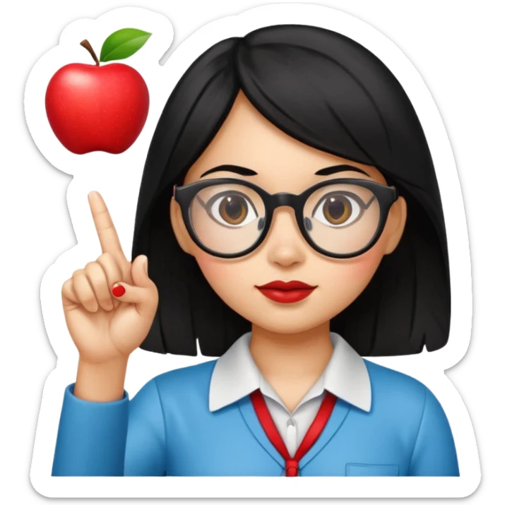 Guatemalan Girl with Black hair and Nerdy Glasses sticking up pointer finger, holding an apple sticker