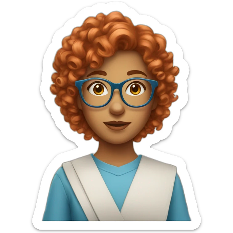 pretty girl with curly copper hair and blue glasses holding a big banner sticker