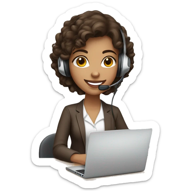 lightly brown call center girl with dark brown medium curly hair smiling and wearing a headset while working on a laptop. head rotated a quarter turn sticker