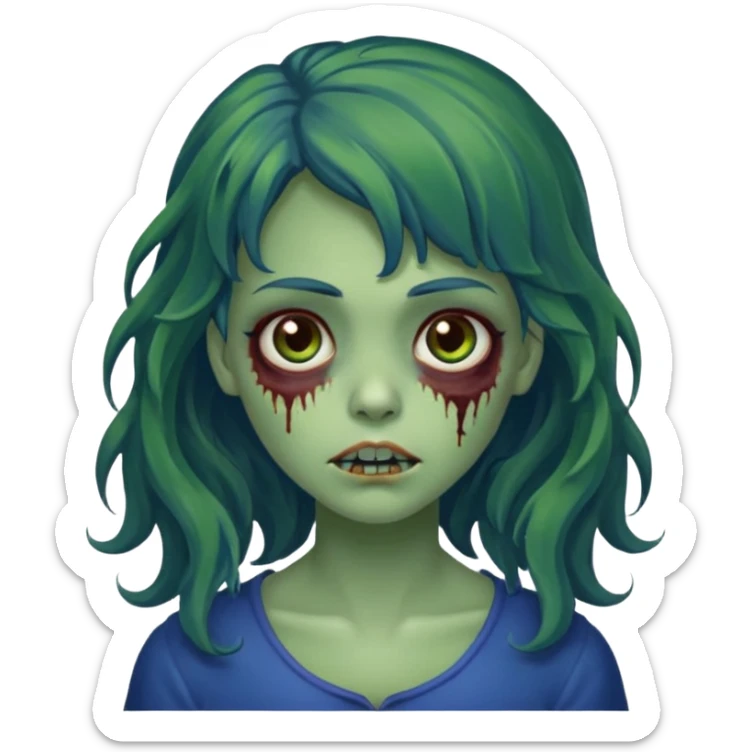 faça uma menina zumbi verde bonita com um cabelo ondulado, olhos castanhos-avermelhados e que metade da franja seja azul escuro e o a outra metade e resto do cabelo sejam castanho escuros sticker
