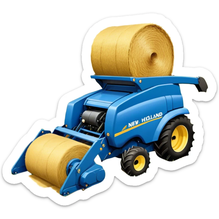 New Holland Roll-Belt 560 (2018) – Cinematic-realistic New Holland Roll-Belt 560 baler, its blue body steadily compressing golden hay into tight, round bales. The rhythmic motion of the machine continues as dust swirls in the afternoon heat, with rows of freshly cut grass stretching toward the horizon. sticker