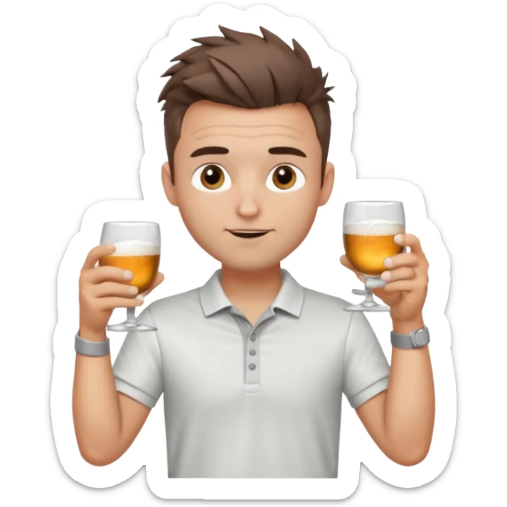 Handsome male.short messy brown hair.mowhawk hairstyle. wearing white golf shirt.grey shorts. Cheersing with a small glass. Wedding ring sticker