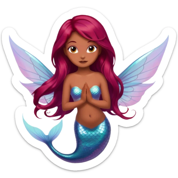 mermaid fairy hybrid with long flowy dyed red burgundy hair, medium brown skin tone, wings visible sticker