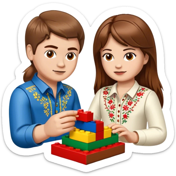 a Ukrainian girl with brown hair in an embroidered shirt and a Ukrainian boy in an embroidered shirt and Lego bricks sticker