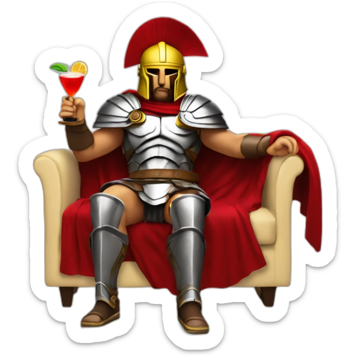 The Spartan Leonidas and his red cape with a cocktail in hand and his helmet under his arm relaxing on a sofa. sticker