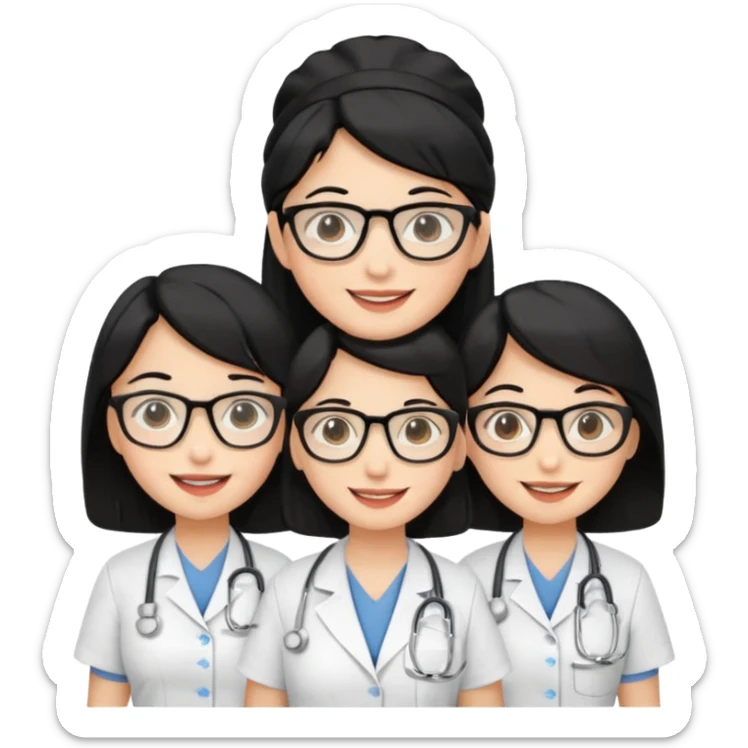 Genera emogis de 4 cuatro enfermeras de cabello negro largo, una de ellas con lentes sticker