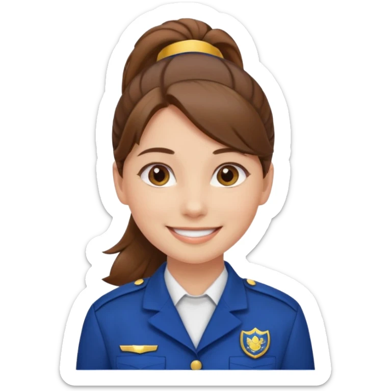 Young Female: ponytail brown haiir, wearing uniform, white skin, smile sticker