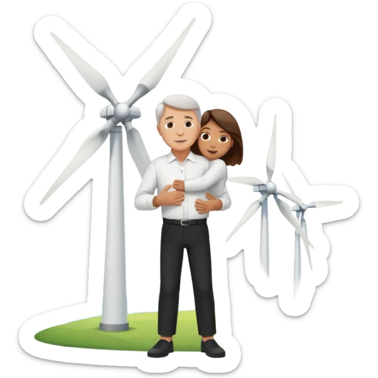an older white man with brown hair and a white shirt and black pants hugging a wind turbine sticker
