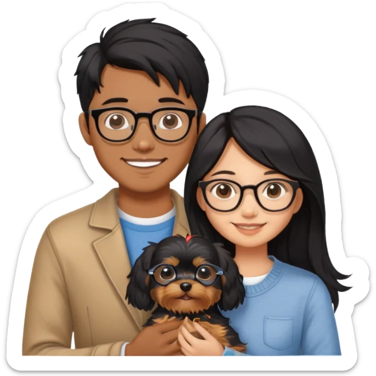 “An Asian girl with long, wavy black hair (loose, no hair tie) next to her smiling boyfriend—a brown-skinned man with a middle part hair cut and glasses. Together, they’re holding a small Yorkshire Terrier sticker