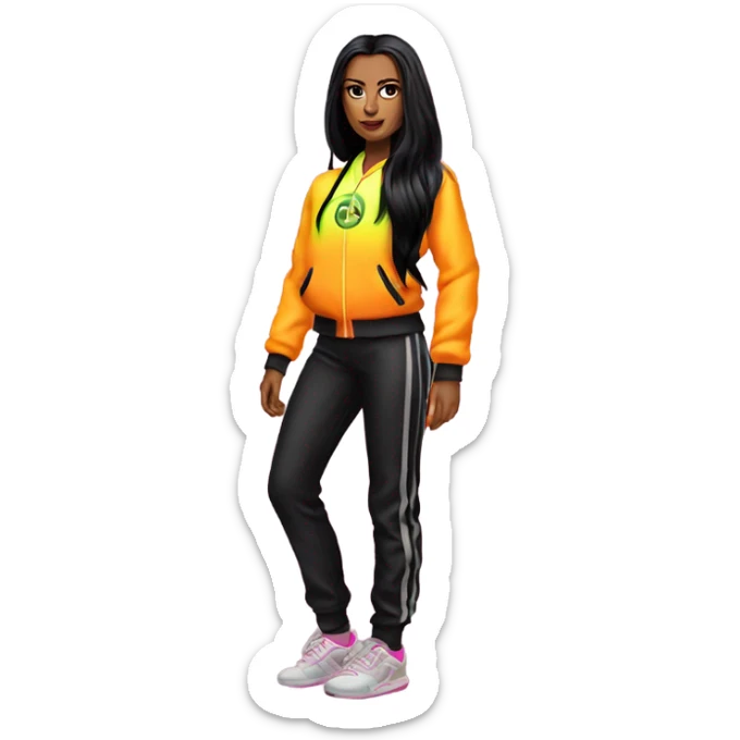 Tanned woman with long black hair, dressed in y2k  hair, makeup, and neon velvet tracksuit attire sticker
