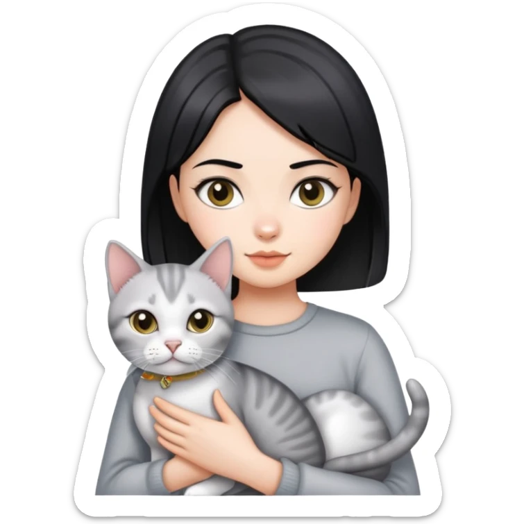 A girl with black straight hair holding a silver colour English shorthair cat sticker