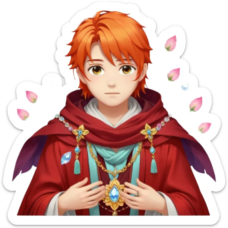 Beautiful gorgeous anime boy with beautiful fiery-special-medium-long-hair, fashion aesthetic, ethereal, fairycore, pastelcore, flower petals, crystals, layered robes, toga, cloak scarf, accessories, jewelries, gold, colorful sticker