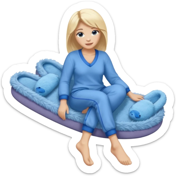 blonde woman wearing comfy lounging outfit, blue fuzzy slippers on her bare feet sticker