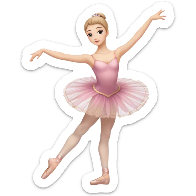 Icon for Ballet: a graceful ballerina on theatre stage in a tutu, poised in an elegant dance position, with a ballet barre and soft stage lighting. The icon should represent the art of ballet, with focus on fluid movement and classical performance. Transparent background. sticker