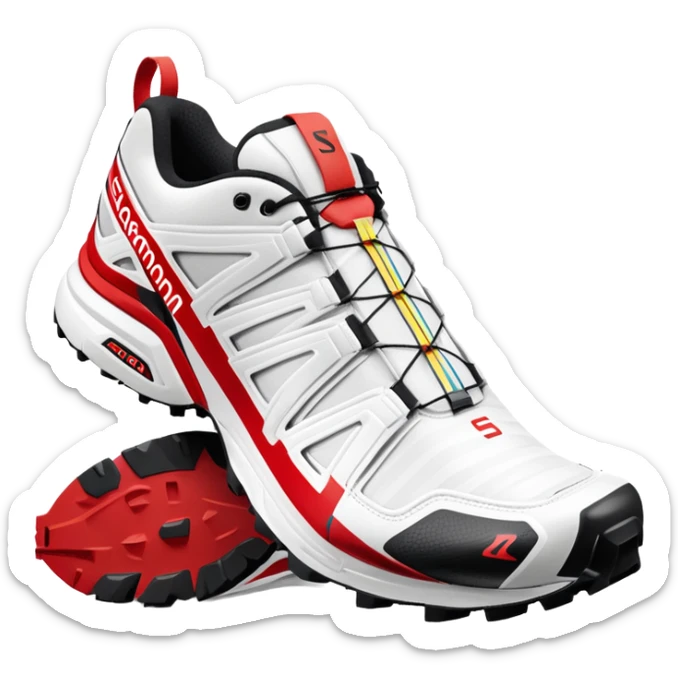 White Salomon XT-6 shoes with the signature colored speedcross stripe running through the middle, red Salomon logo stripe, one shoe behind the other, iOS emoji style, rest of the shoe pure white sticker