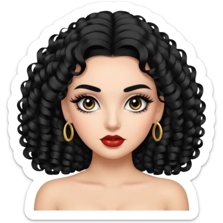 generate the emoji of a girl with fair skin, black hair, bombshell curls, black eyes, long false eyelashes, black eyebrows, latina makeup sticker
