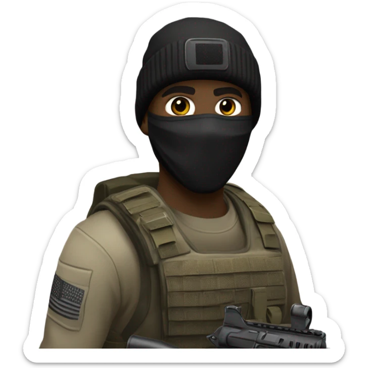 white male, pale skin, call of duty black face mask, camo tactical gear, combat boots, black beanie, hazel eyes, full body sticker