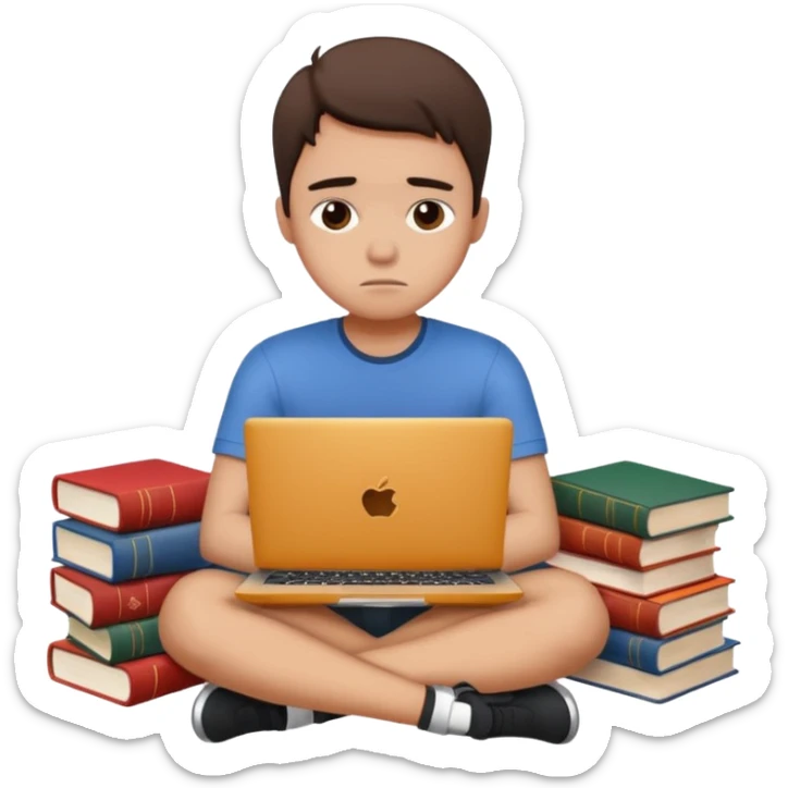 a student crashing out with the laptop on the lap and books on the side -  an emoji like this 😭 sticker