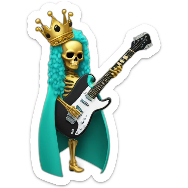 Soolking brook ;black affro cut ;turquoise electric guitar;golden crown ;skeletal face sticker